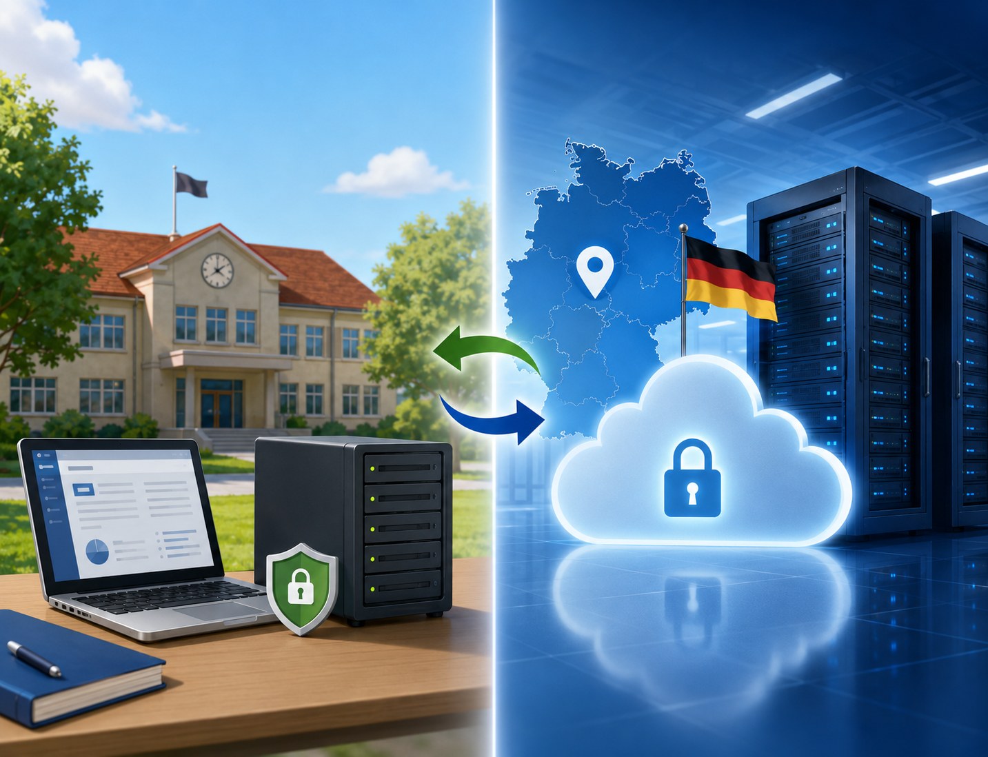 School's own server or NiblyNotes server in Germany